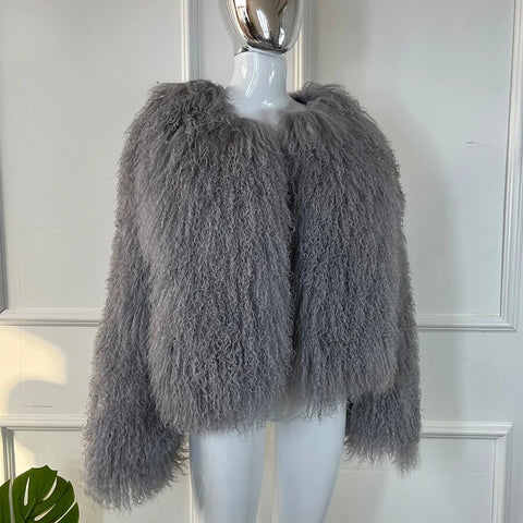 TARA Cropped Mongolian Fur Coat Grey