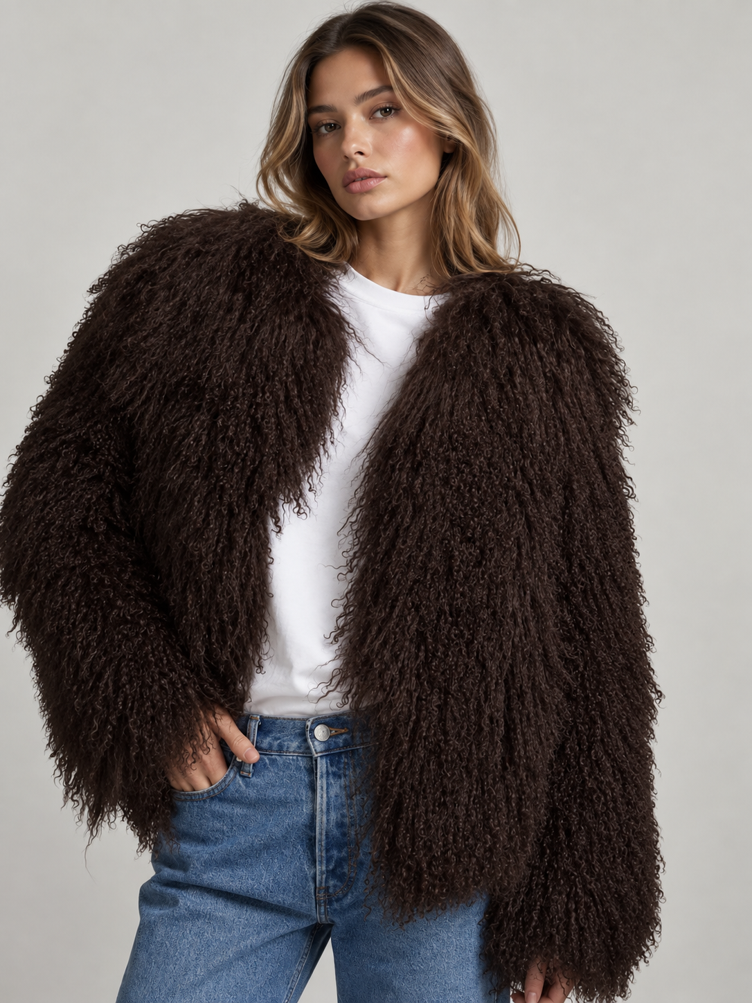 TARA Mongolian Fur Coat Chocolate Brown