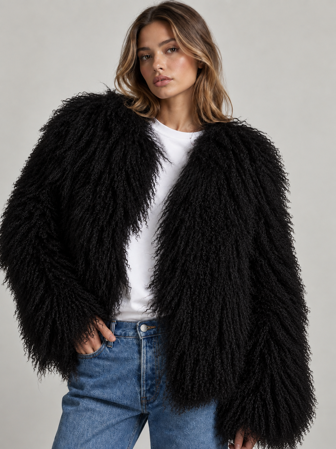 TARA Mongolian Fur Coat Black