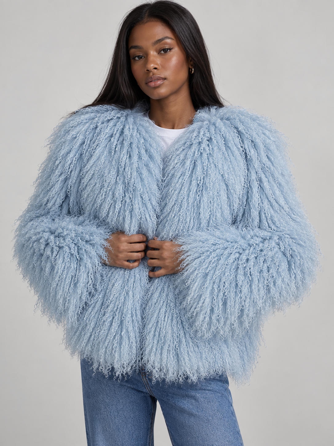 TARA Mongolian Fur Coat Baby Blue