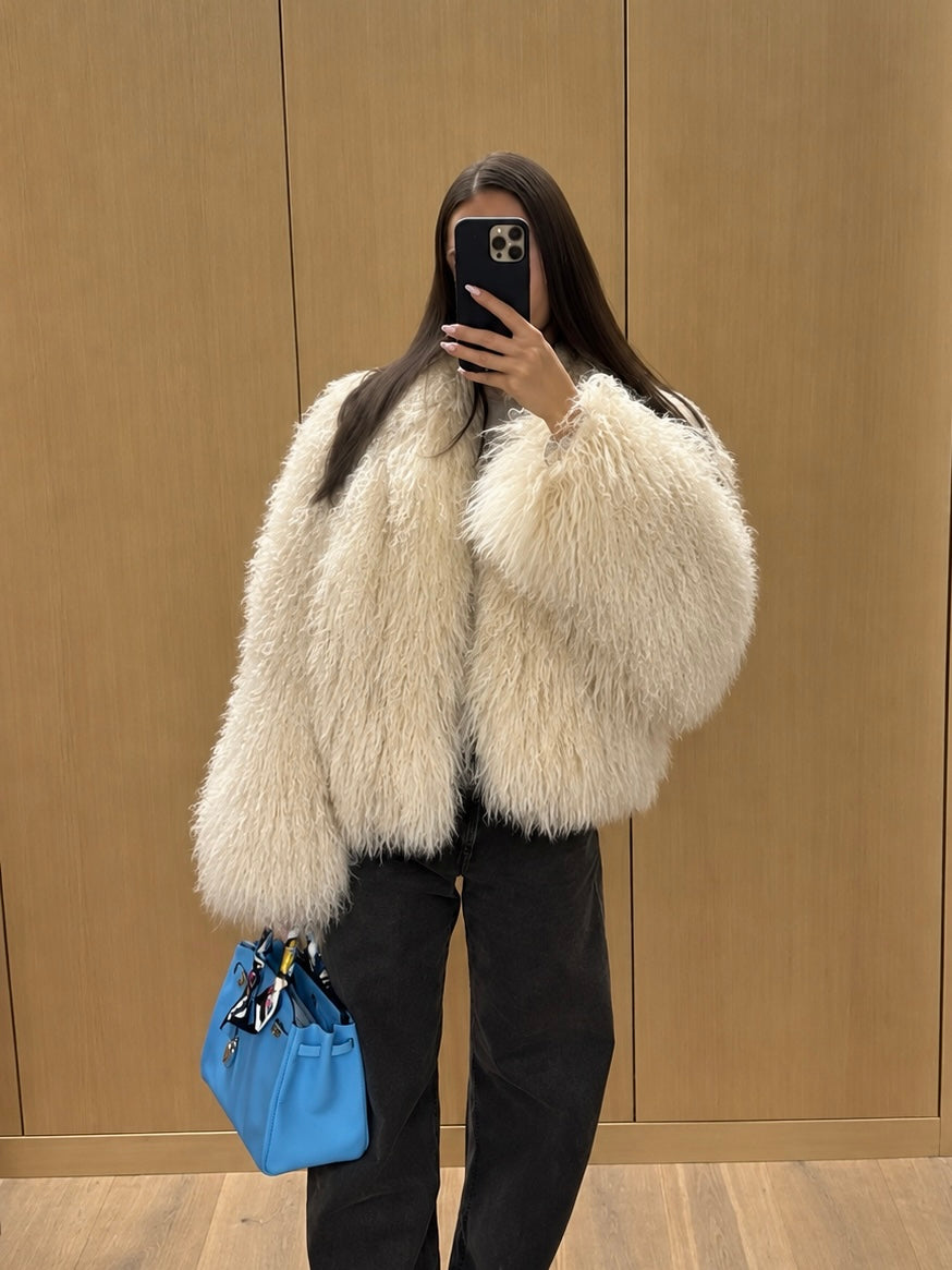 TARA Mongolian Fur Coat Beige