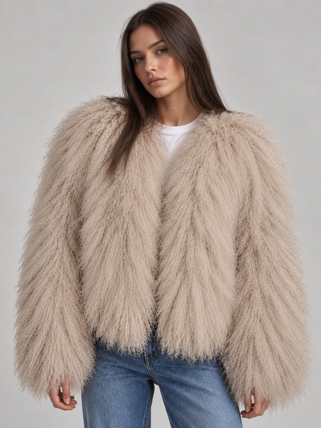 TARA Mongolian Fur Coat Beige